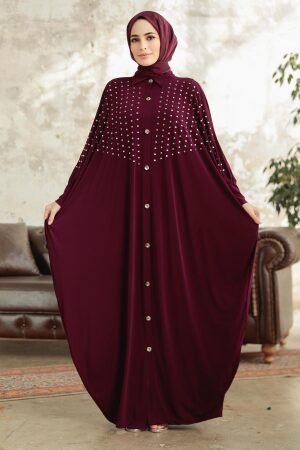 Neva Style - Düğmeli Mürdüm Tesettür Ferace 17410MU - 2