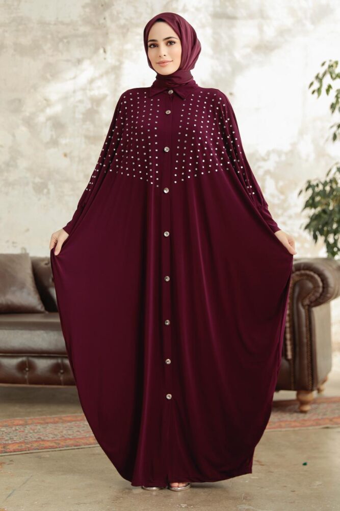 Neva Style - Düğmeli Mürdüm Tesettür Ferace 17410MU - 2