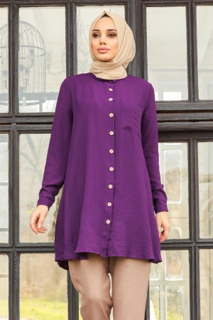 Neva Style - Düğmeli Mürdüm Tesettür Tunik 501MU - 1