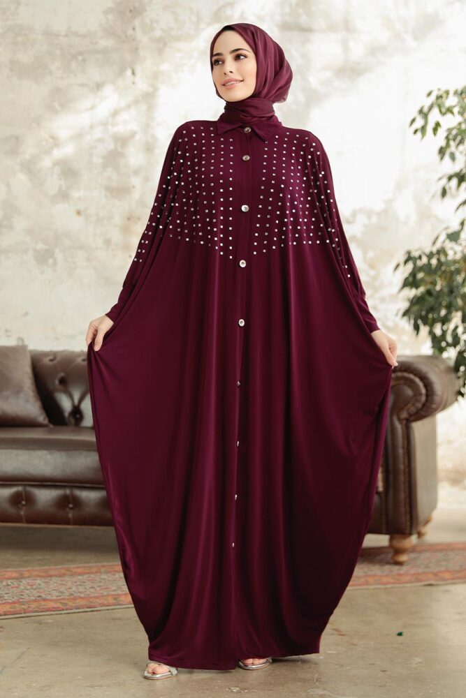 Neva Style - Düğmeli Mürdüm Tesettür Ferace 17410MU - NEVA STYLE