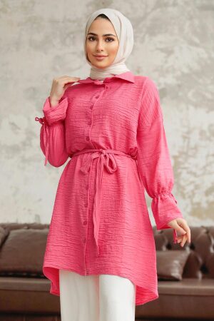 Neva Style - Düğmeli Pembe Tesettür Tunik 11261P - Thumbnail