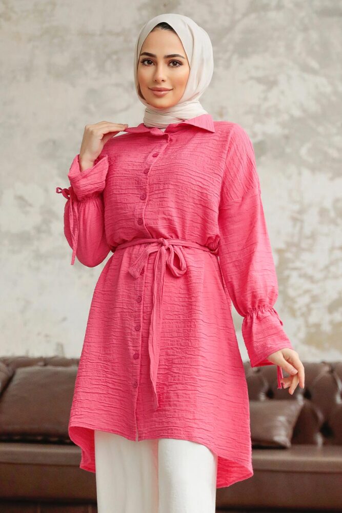 Neva Style - Düğmeli Pembe Tesettür Tunik 11261P - 1