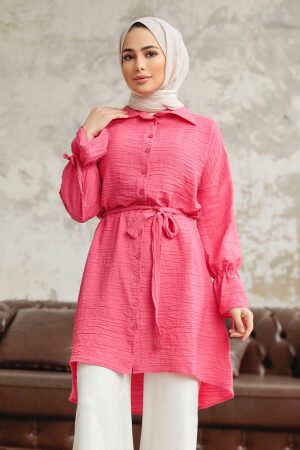 Neva Style - Düğmeli Pembe Tesettür Tunik 11261P - Thumbnail