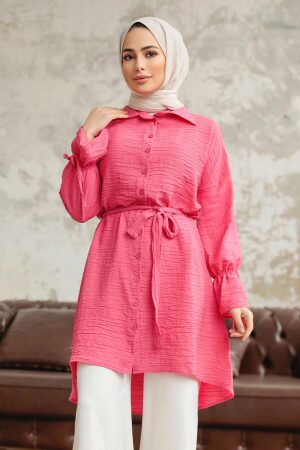 Neva Style - Düğmeli Pembe Tesettür Tunik 11261P - 2