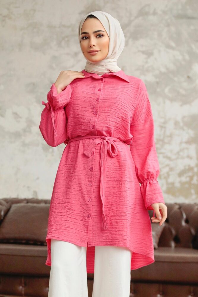 Neva Style - Düğmeli Pembe Tesettür Tunik 11261P - 2