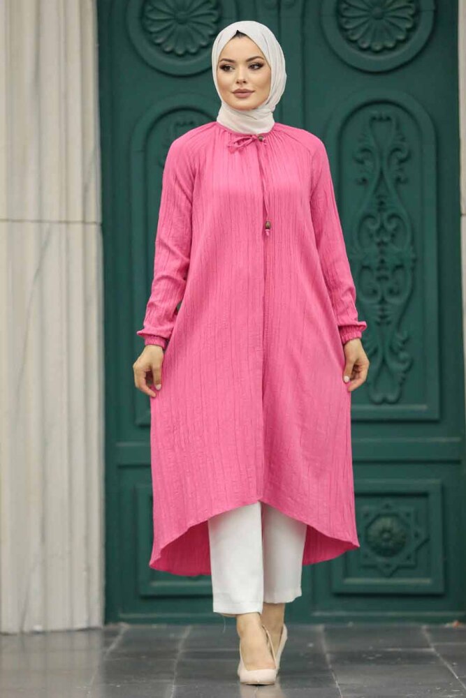  Düğmeli Pembe Tesettür Tunik 4441P - 1