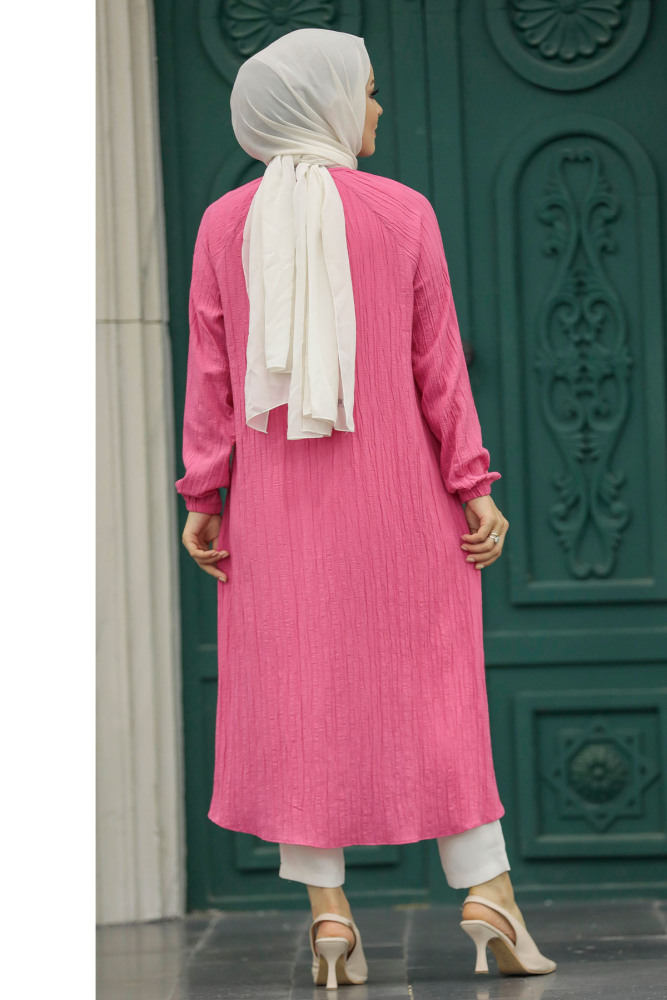  Düğmeli Pembe Tesettür Tunik 4441P - 4