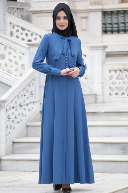 Neva Style - Düğmeli Petrol Mavisi Elbise