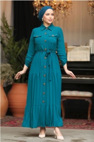 Neva Style - Düğmeli Petrol Yeşili Tesettür Elbise 40971PY - Thumbnail