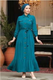 Neva Style - Düğmeli Petrol Yeşili Tesettür Elbise 40971PY - Thumbnail