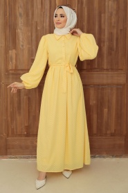Neva Style - Düğmeli Sarı Tesettür Elbise 13390SR - Thumbnail