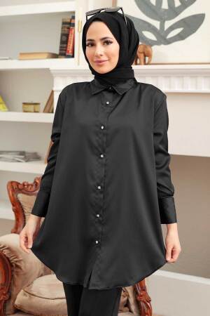  Düğmeli Saten Siyah Tesettür Tunik 5705S - 1
