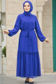 Neva Style - Düğmeli Sax Mavisi Tesettür Elbise 12443SX - Thumbnail