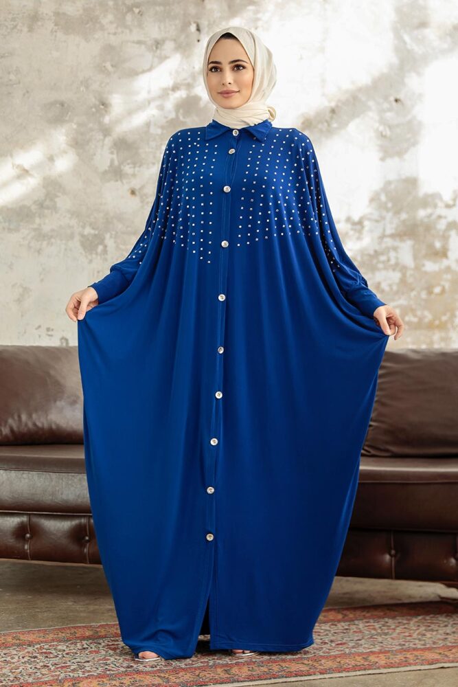 Neva Style - Düğmeli Sax Mavisi Tesettür Ferace 17410SX - 2