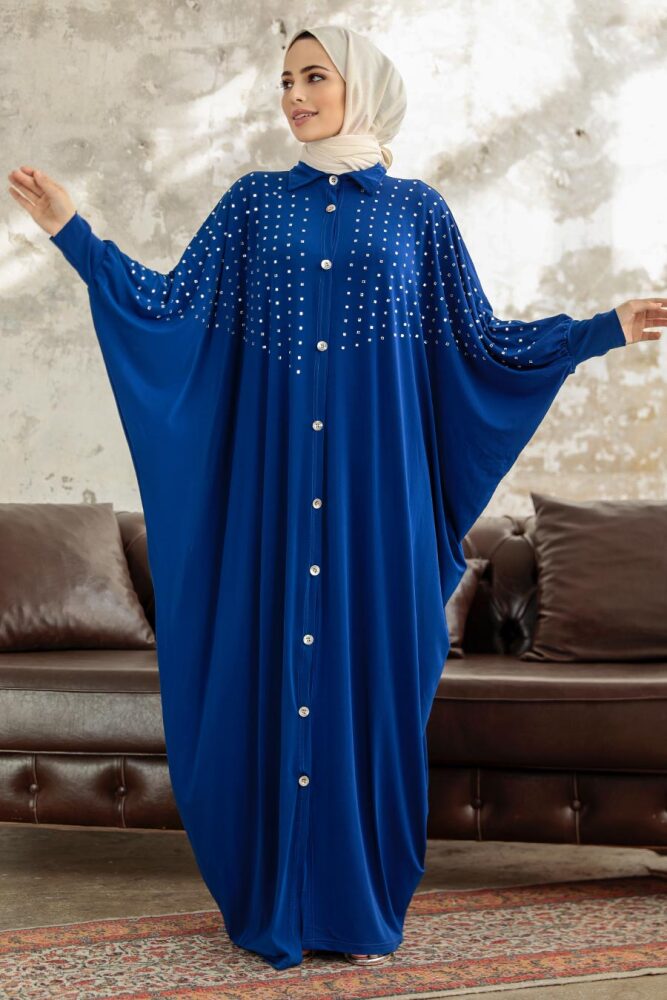 Neva Style - Düğmeli Sax Mavisi Tesettür Ferace 17410SX - 1