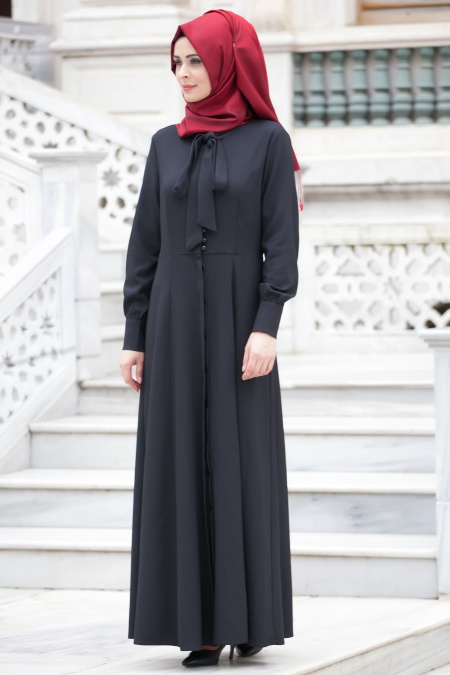 Neva Style - Düğmeli Siyah Elbise