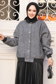 Neva Style - Düğmeli Siyah Tesettür Bomber Ceket 9263S - 2