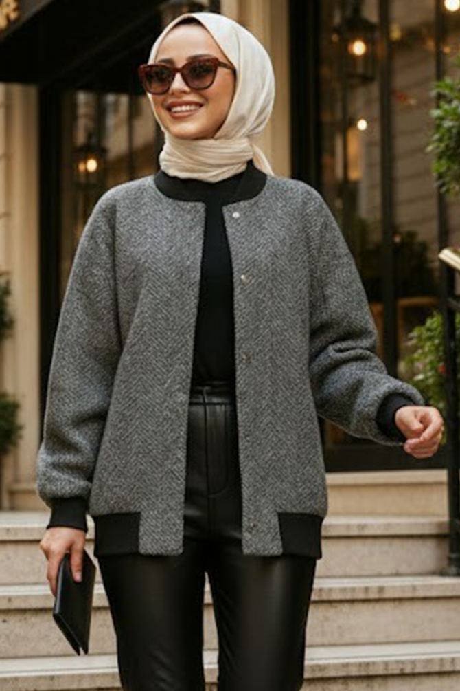  Düğmeli Siyah Tesettür Bomber Ceket 9263S - NEVA STYLE
