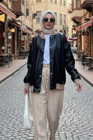  Düğmeli Siyah Tesettür Deri Ceket 9264S - NEVA STYLE