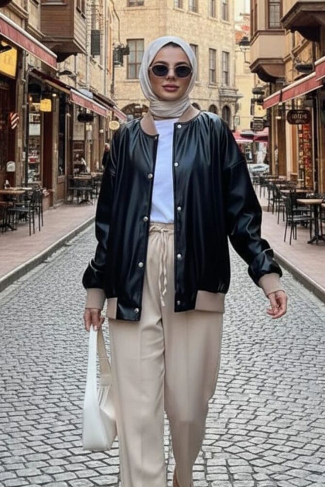  Düğmeli Siyah Tesettür Deri Ceket 9264S - NEVA STYLE