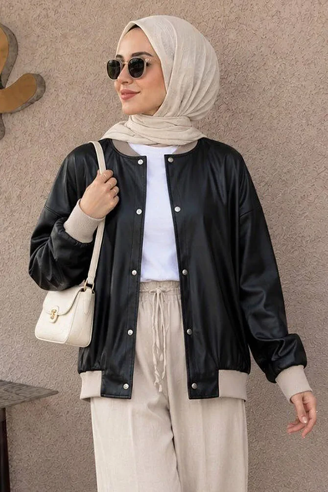  Düğmeli Siyah Tesettür Deri Ceket 9264S - NEVA STYLE