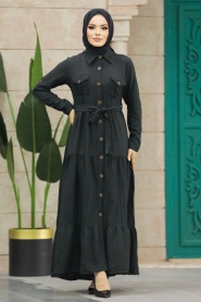 Neva Style - Düğmeli Siyah Tesettür Elbise 40971S - Thumbnail