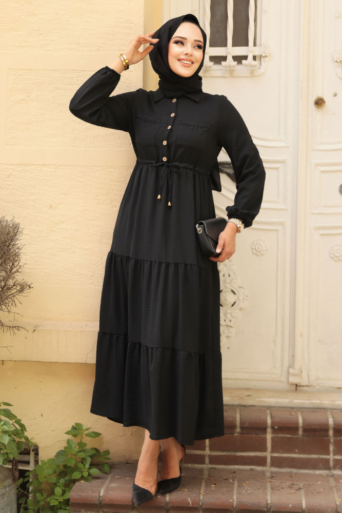 Neva Style - Düğmeli Siyah Tesettür Elbise 5720S - 2