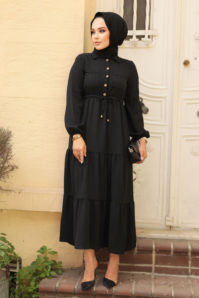 Neva Style - Düğmeli Siyah Tesettür Elbise 5720S - 1