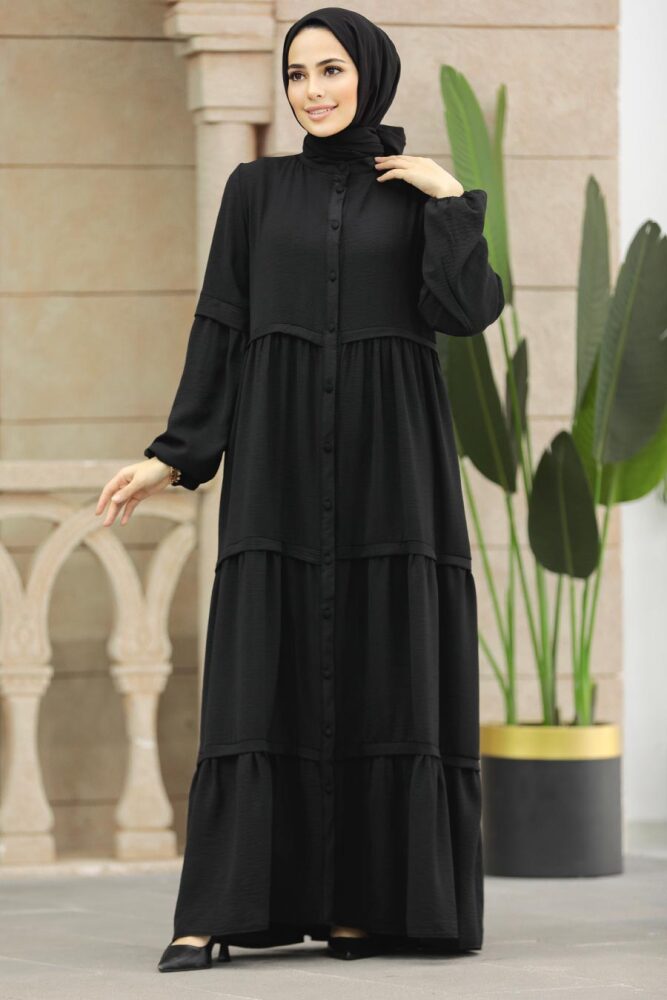  Düğmeli Siyah Tesettür Elbise 5850S - 2