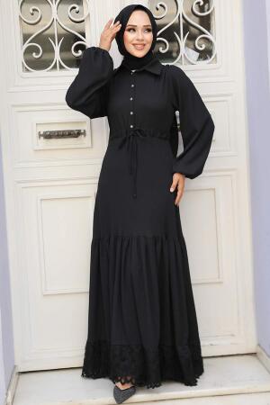 Neva Style - Düğmeli Siyah Tesettür Elbise 5878S - 1