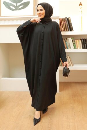 Neva Style - Düğmeli Siyah Tesettür Ferace 15001S - 1