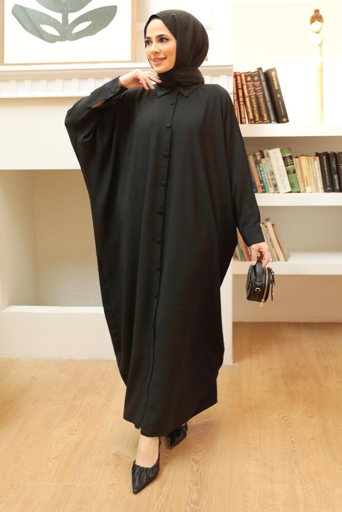 Neva Style - Düğmeli Siyah Tesettür Ferace 15001S - 1