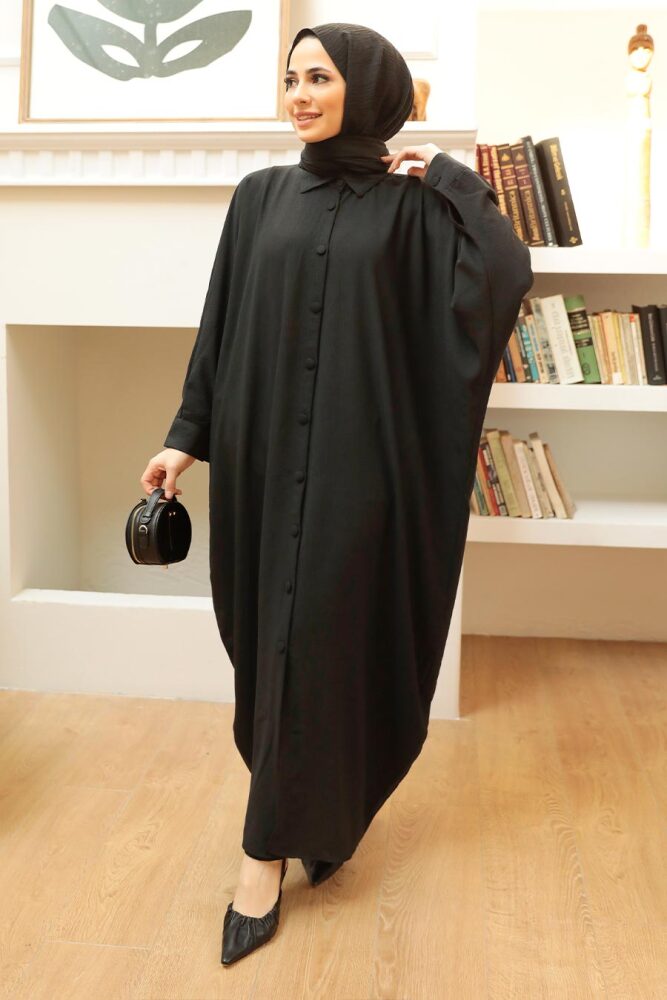 Neva Style - Düğmeli Siyah Tesettür Ferace 15001S - 2