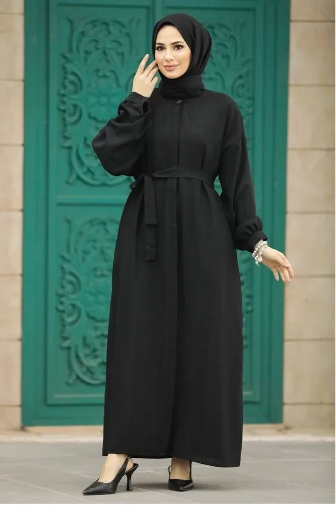  Düğmeli Siyah Tesettür Ferace 88681S - 1