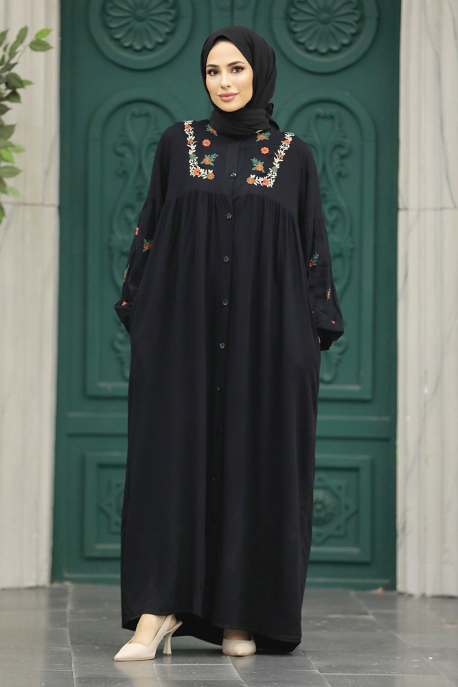  Düğmeli Siyah Tesettür Ferace 8925S - 1