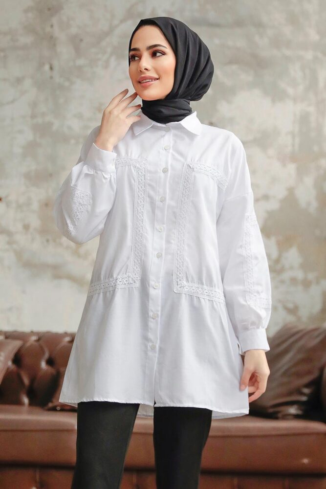 Neva Style - Düğmeli Beyaz Tesettür Gömlek 1090B - NEVA STYLE