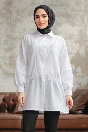Neva Style - Düğmeli Beyaz Tesettür Gömlek 1090B - 2