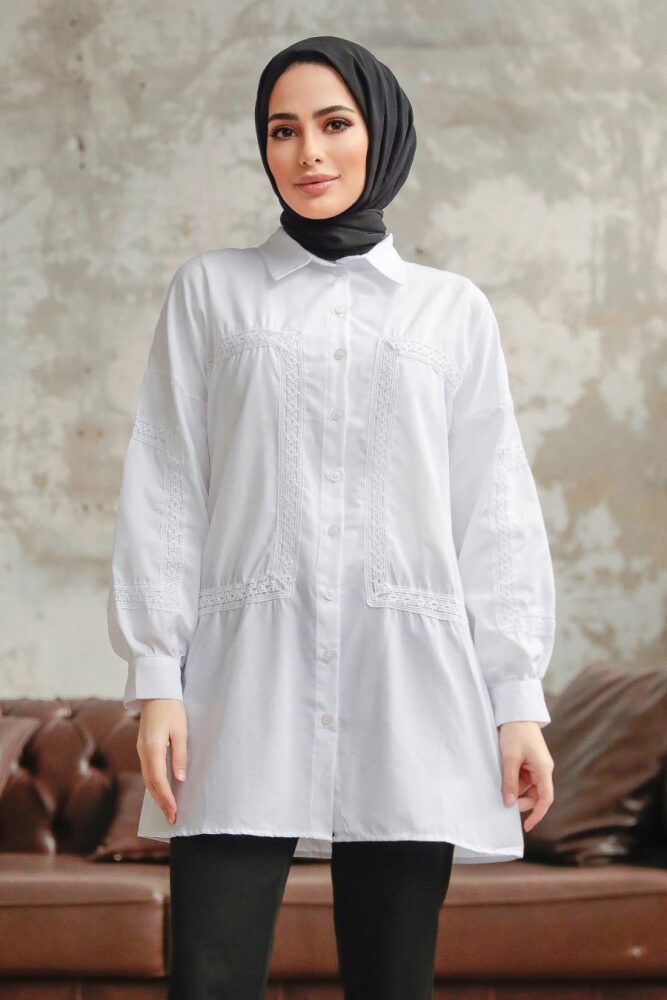Neva Style - Düğmeli Beyaz Tesettür Gömlek 1090B - 2