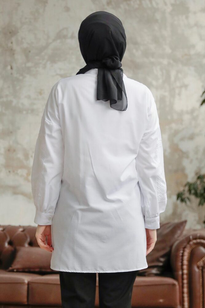 Neva Style - Düğmeli Beyaz Tesettür Gömlek 1090B - 3