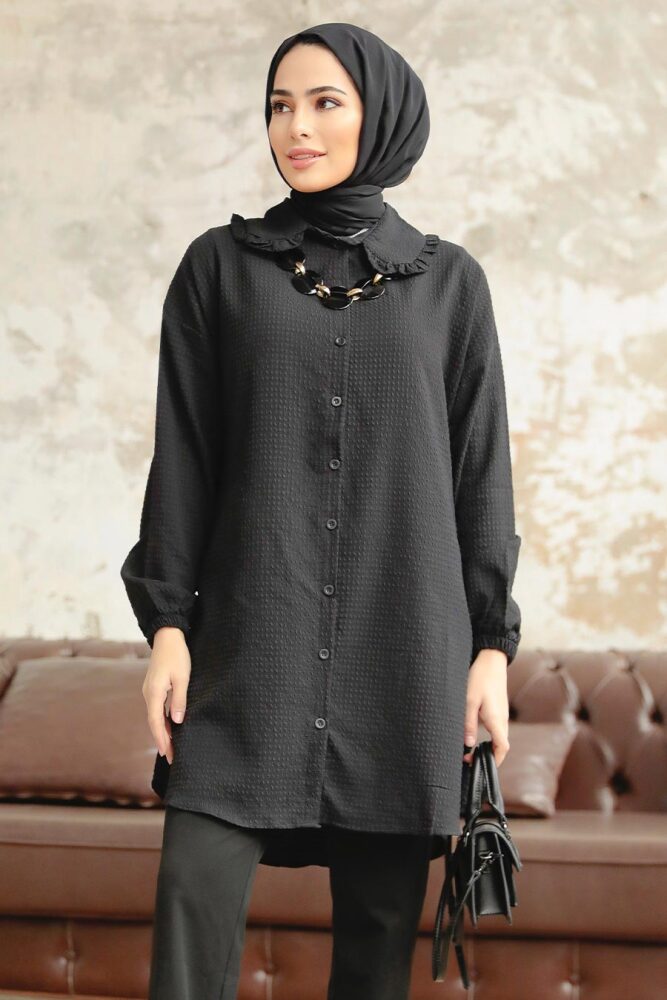 Neva Style - Bebe Yaka Siyah Tesettür Gömlek 1114S - 2
