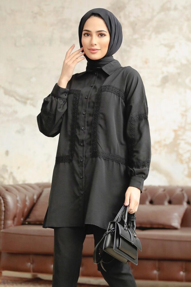 Neva Style - Düğmeli Siyah Tesettür Gömlek 1090S - 1