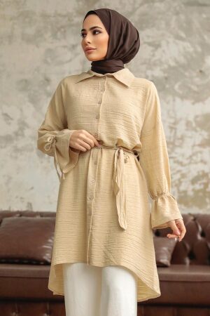 Neva Style - Düğmeli Bej Tesettür Tunik 11261BEJ - 2