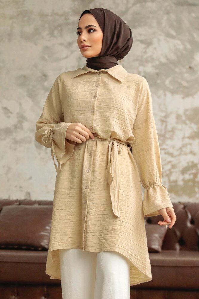 Neva Style - Düğmeli Bej Tesettür Tunik 11261BEJ - 2