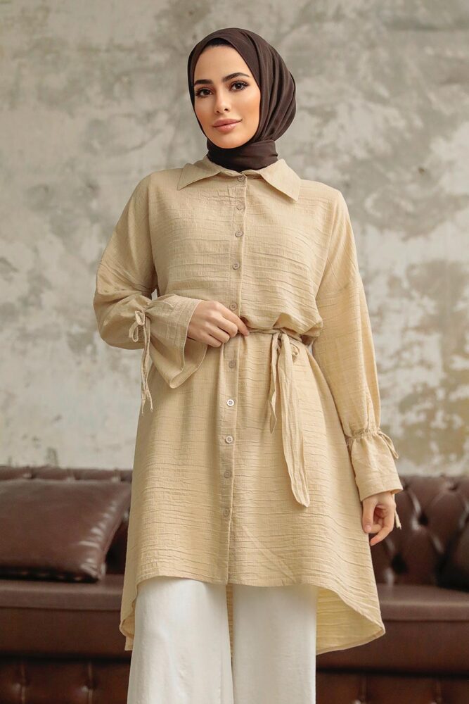 Neva Style - Düğmeli Bej Tesettür Tunik 11261BEJ - NEVA STYLE
