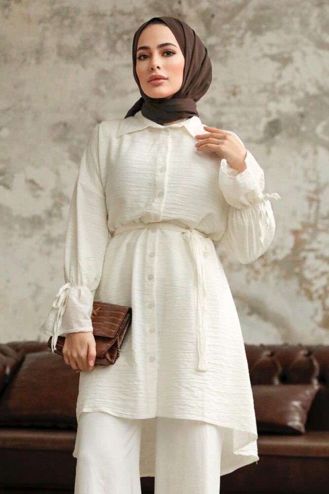 Neva Style - Düğmeli Ekru Tesettür Tunik 11261E - 2