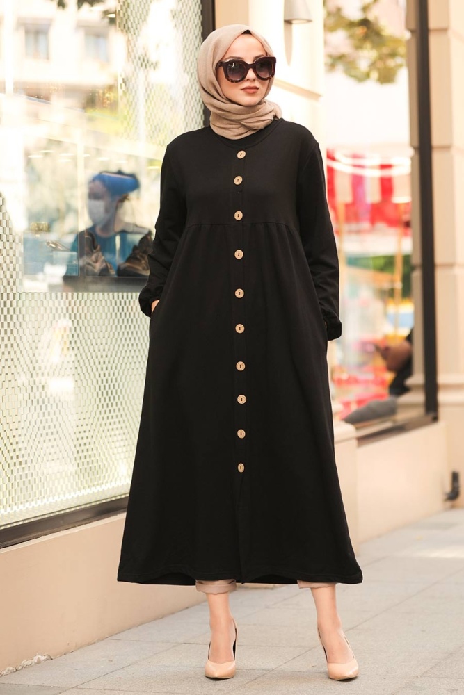 Neva Style - Düğmeli Siyah Tesettür Kap 40220S - 1