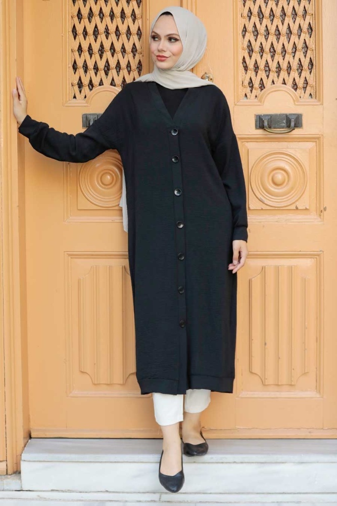 Neva Style - Düğmeli Siyah Tesettür Kap 553S - 1