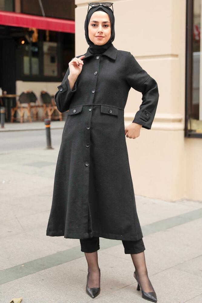 Neva Style - Düğmeli Siyah Tesettür Kaşe Kap 5808S - 6