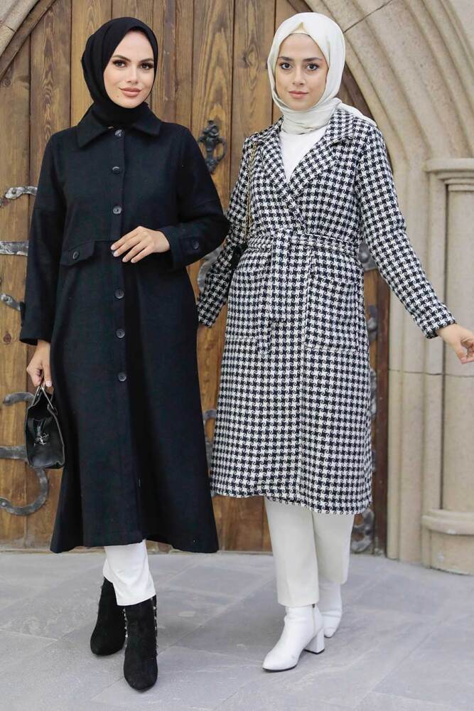 Neva Style - Düğmeli Siyah Tesettür Kaşe Kap 5808S - 4