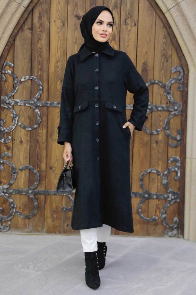 Neva Style - Düğmeli Siyah Tesettür Kaşe Kap 5808S - 2